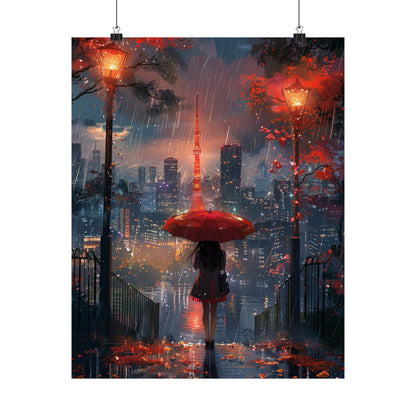 Girl with Red Umbrella Anime City - Physical Print Stunning Premium Poster