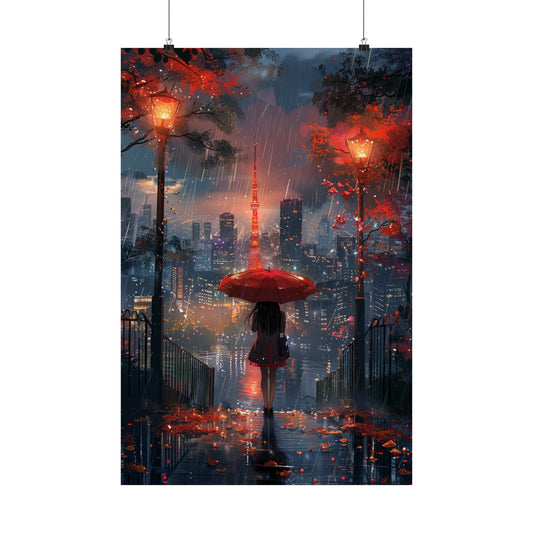 Girl with Red Umbrella Anime City - Physical Print Stunning Premium Poster