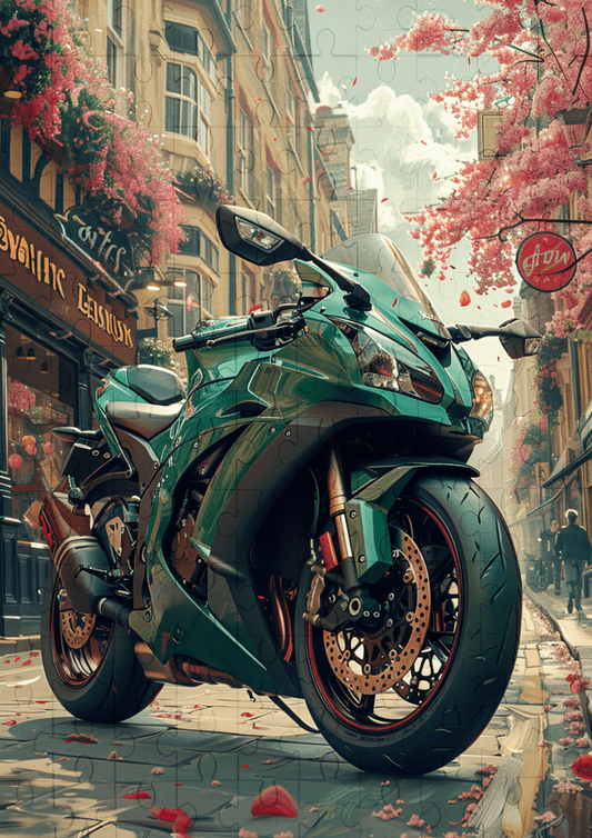 Green Motorbike - 120-piece wooden jigsaw puzzle