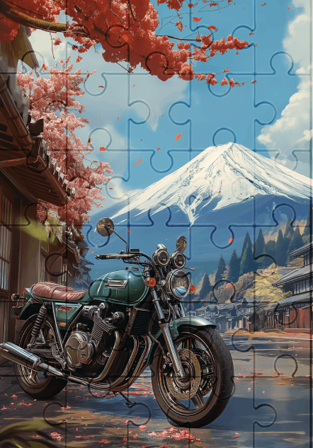 Motorbike by Mount Fuji - 30-piece wooden jigsaw puzzle with Optional Frame