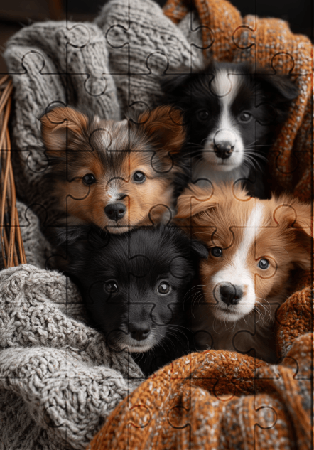 Puppies in a Basket - 30-piece wooden jigsaw puzzle with Optional Frame