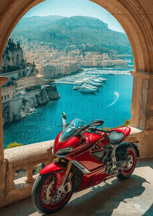 Red Motorbike By The Mediterranean - 120-piece wooden jigsaw puzzle