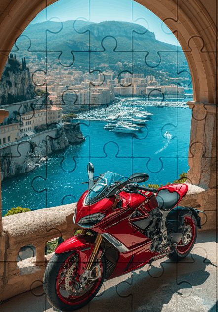 Red Motorbike by The Mediterranean - 30-piece wooden jigsaw puzzle with Optional Frame