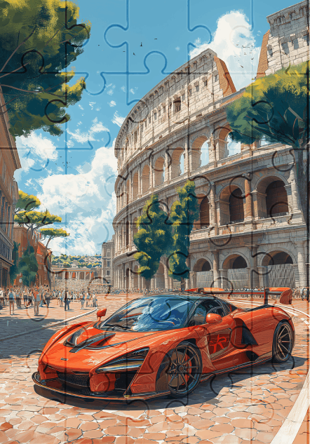 Red Sports Car by The Colosseum - 30-piece wooden jigsaw puzzle with Optional Frame