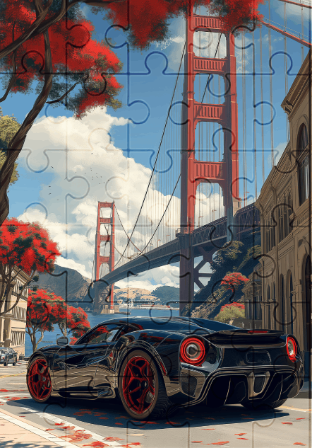 Supercar by Golden Gate Bridge  - 30-piece wooden jigsaw puzzle with Optional Frame