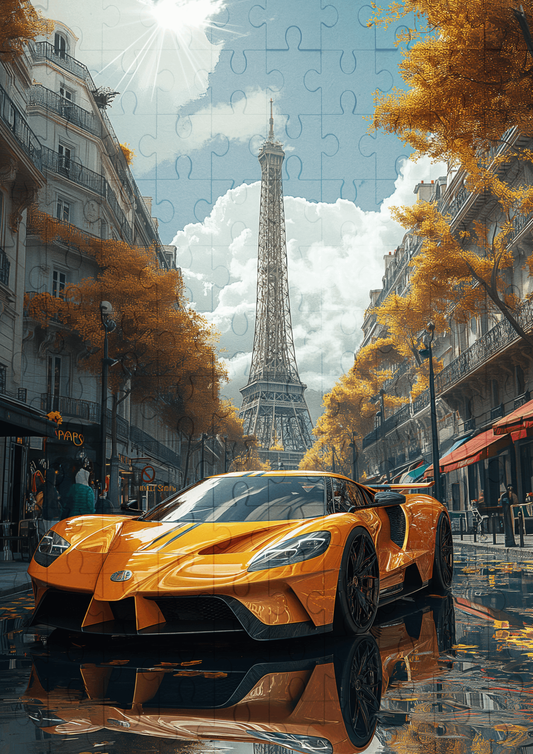 Yellow Sportscar in Paris - 120-piece wooden jigsaw puzzle